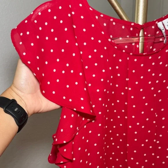 Elle polyester kinda sheer Red Blouse with White Polka Dots - Picture 5 of 7
